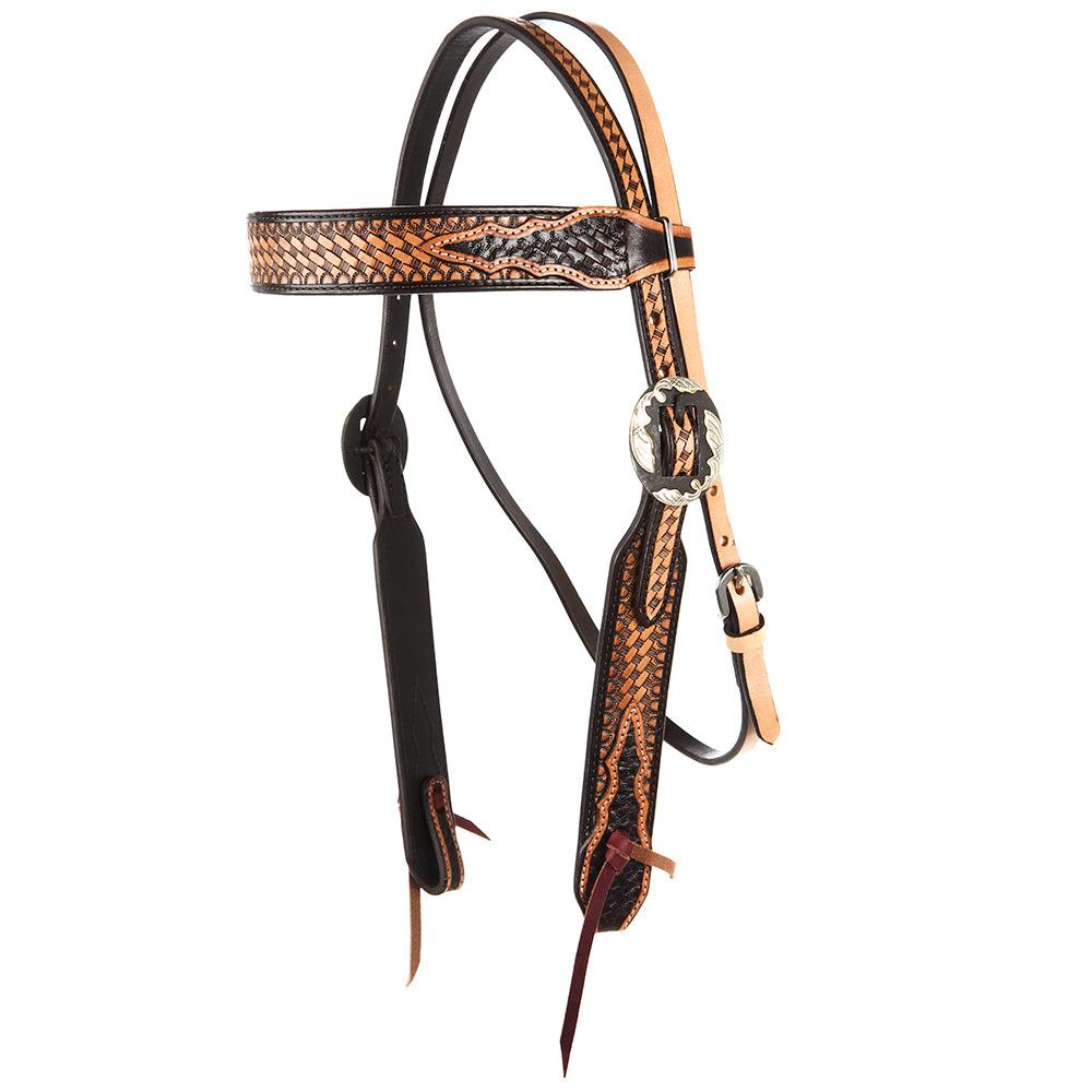 Brown Overlay Tooled Combo Browband Headstall For Horses | Floral Tooling On Hide Leather | Stainless Steel Hardware