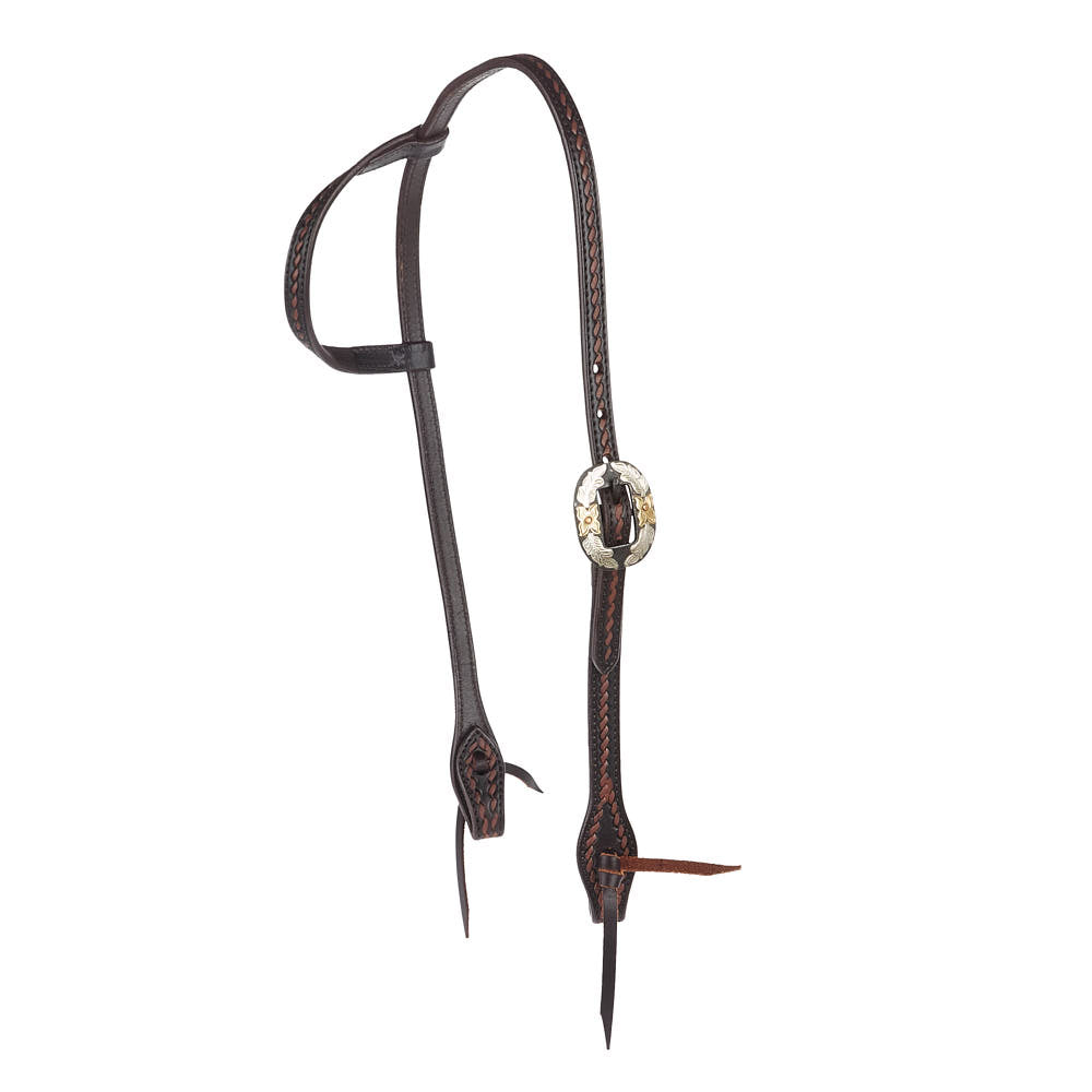 Heavy Oiled Rope Tooling Floral Double Buckle Single Ear Headstall - Mayatex