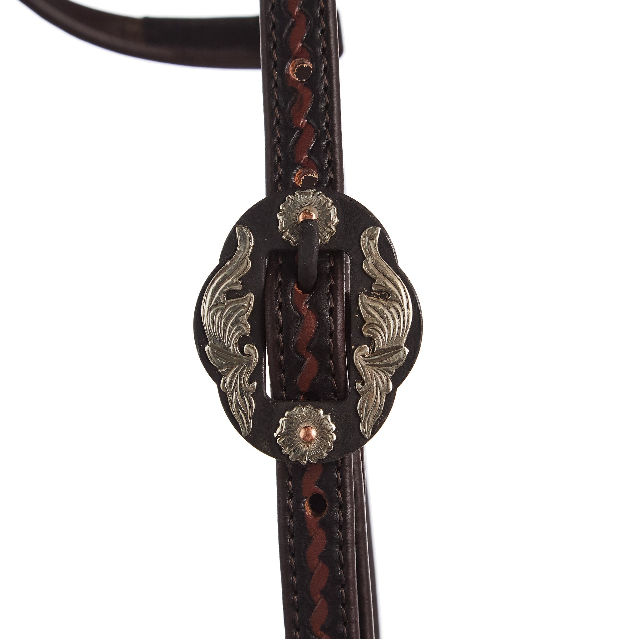 Heavy Oiled Rope Tooling Double Flower Buckle Single Ear Headstall - Mayatex