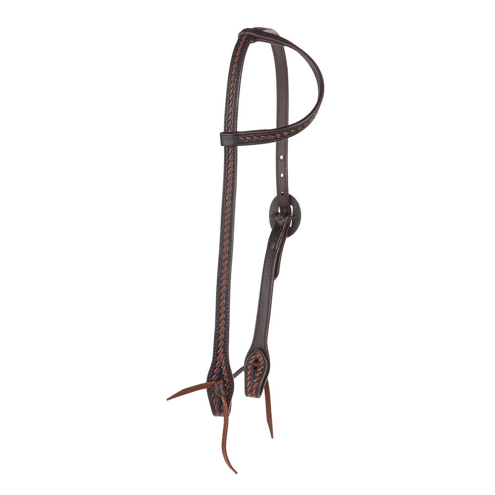 Heavy Oiled Rope Tooling Floral Bar Double Buckle Single Ear Headstall - Mayatex